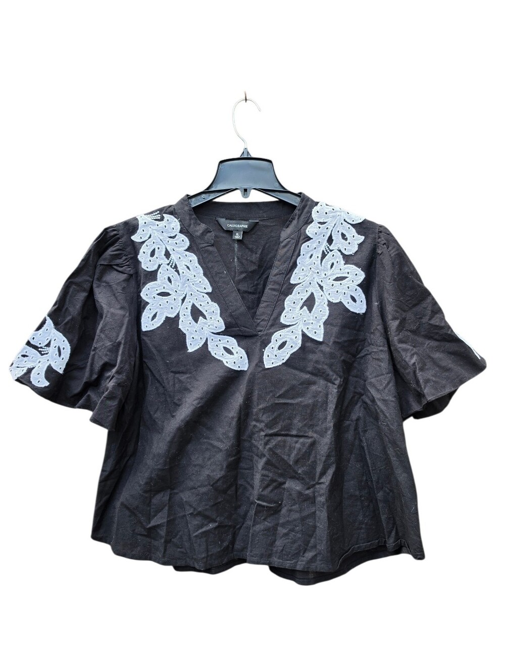 Calligraphie Cotton Linen Eyelet Lace Blouse Black XL